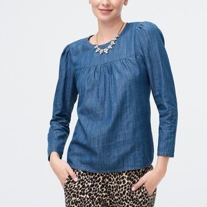 J. Crew Chambray Puff-Sleeve Top in Cotton-Tencel